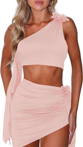 Women's 2 Piece Outfits Sleeveless Ruffle Tassel 3D Flower One Shoulder Crop Top and Ruched Mini Skirt Set in Kuwait