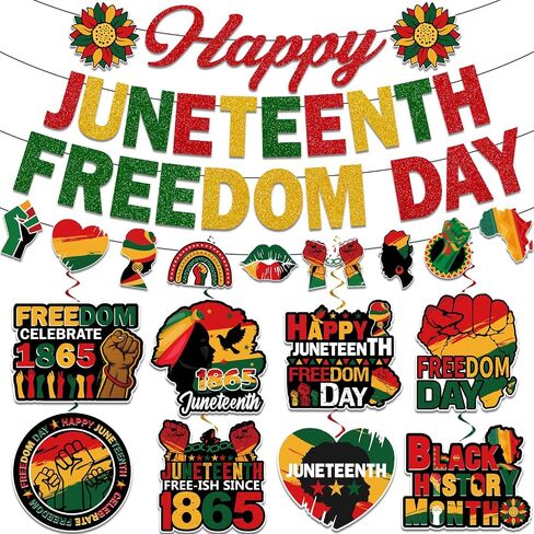 Juneteenth Decorations, NO-DIY Juneteenth Party Supplies Includes Juneteenth Banner and Juneteenth Party Decorations Hanging Swirls, Freedom Day Juneteenth Banner Decorations for Juneteenth Party in Saudi Arabia