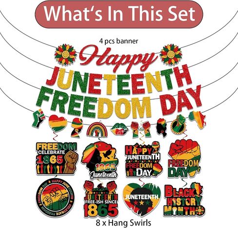 Juneteenth Decorations, NO-DIY Juneteenth Party Supplies Includes Juneteenth Banner and Juneteenth Party Decorations Hanging Swirls, Freedom Day Juneteenth Banner Decorations for Juneteenth Party in Saudi Arabia