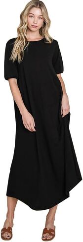 Casual 3/4 Sleeve Loose Oversized T-Shirt Knit Lounge Maxi Dress - Made in USA in Saudi Arabia