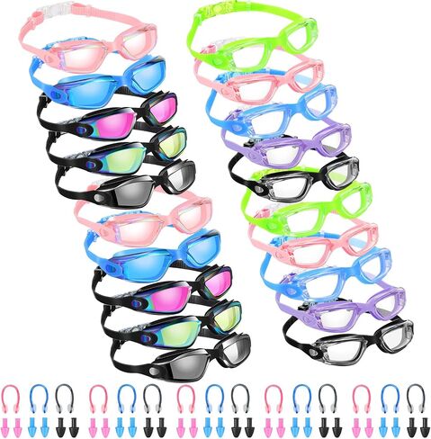 20 Pack Swimming Goggles for Adults Youth Pool Water Sport Swim Glasses Goggles Anti Fog UV Protection No Leaking Wide View for Men Women with 20 Set Ear Plugs and Nose Clips, Multicolor in Saudi Arabia
