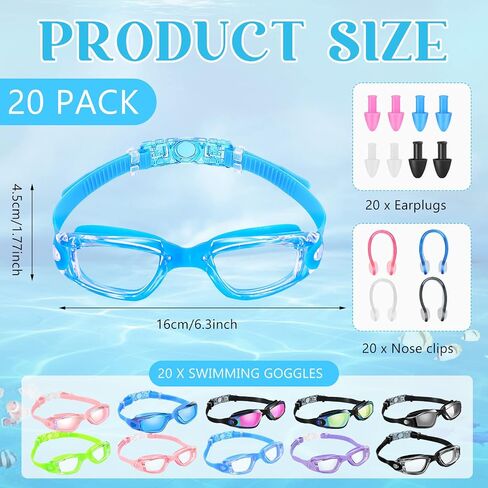 20 Pack Swimming Goggles for Adults Youth Pool Water Sport Swim Glasses Goggles Anti Fog UV Protection No Leaking Wide View for Men Women with 20 Set Ear Plugs and Nose Clips, Multicolor in Saudi Arabia
