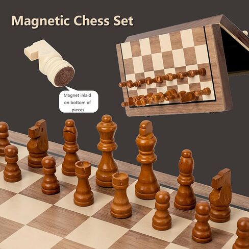 Chess Set 15'' Chess Board Wooden Magnetic Folding Chess Board Set for Adults & Kids Checkers Game for Kids Portable Travel Chess Game for Beginner 2 Extra Queens in Saudi Arabia