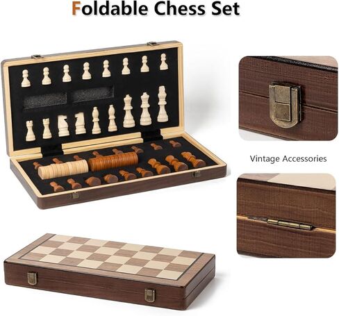 Chess Set 15'' Chess Board Wooden Magnetic Folding Chess Board Set for Adults & Kids Checkers Game for Kids Portable Travel Chess Game for Beginner 2 Extra Queens in Saudi Arabia