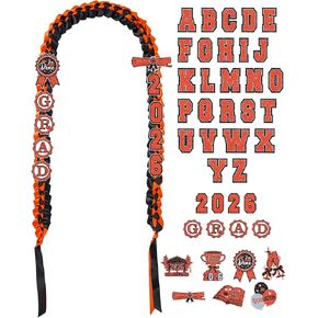 Graduation Ribbon Lei Kit 2026, Orange Black Braided Leis Necklace with Letter Stickers Numbers Grad Icons, DIY Lei for Graduation Class of 2026 Party Supplies in Saudi Arabia