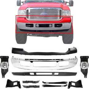Front Bumper Chrome + Upper Cover Primed + Lower Valance Panel + Fillers + Fog Lights + Brackets & Outer Mounting Steel Right & Left Side Direct Replacement For 2005-2007 Ford F-250 F-350 in Saudi Arabia