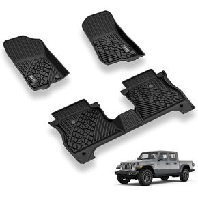 3W Floor Mats Compatible for Jeep Gladiator 2020-2024, TPE All Weather Custom Fit Floor Liner for Jeep Gladiator,1st & 2nd Row Full Set Car Liners with Grey Logo, Black in Saudi Arabia