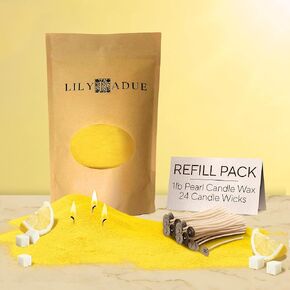 LILY LADUE Sand Candle Refill Kit - 1Lb/16Oz Lemon Scented Aroma Beads, Yellow Pearled Candles Sand and Wicks (24) Without Holder, Reusable Powder Pearls Bulk Wax Pearls for Refillable Decorative Wax in Saudi Arabia