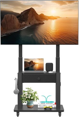Rolling TV Stand with Fabric Drawer Storage for 32-75 Inch Flat/Curved Screen up to 220lbs LCD/LED/OLED Adjustable Height Mobile TV Cart with Wheels for Home Office Outdoor Max VESA 600x400mm Black in Saudi Arabia