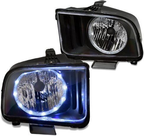7422445954947 متوافق مع المصابيح الأمامية فورد موستانج 2005-2009 باللون الأسود مع هالة LED in Kuwait
