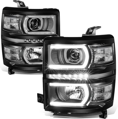 Auto Dynasty LED DRL + U Tube Bar جهاز عرض أسود الإسكان واضح الزاوية المصابيح الأمامية متوافق مع تشيفي سيلفرادو 1500 14-15 in Kuwait