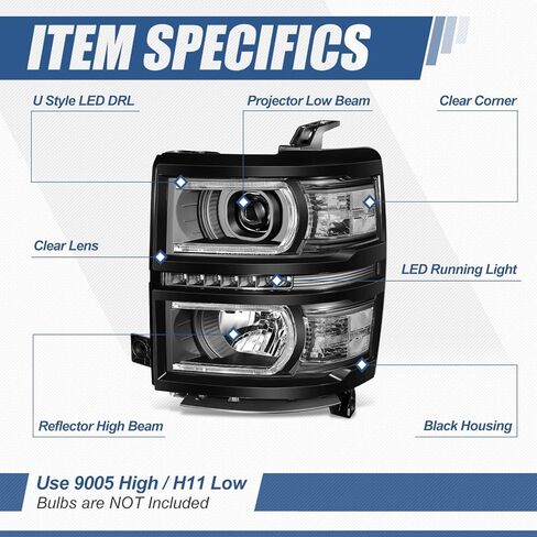 Auto Dynasty LED DRL + U Tube Bar جهاز عرض أسود الإسكان واضح الزاوية المصابيح الأمامية متوافق مع تشيفي سيلفرادو 1500 14-15 in Kuwait