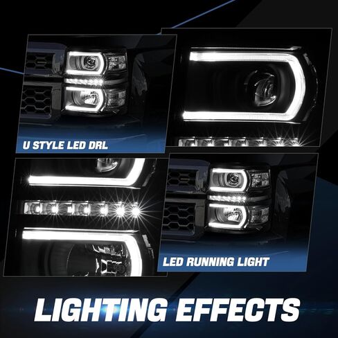 Auto Dynasty LED DRL + U Tube Bar جهاز عرض أسود الإسكان واضح الزاوية المصابيح الأمامية متوافق مع تشيفي سيلفرادو 1500 14-15 in Kuwait