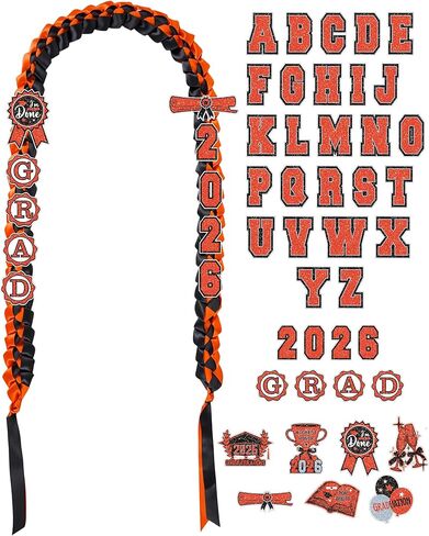 Graduation Ribbon Lei Kit 2026, Orange Black Braided Leis Necklace with Letter Stickers Numbers Grad Icons, DIY Lei for Graduation Class of 2026 Party Supplies in Saudi Arabia