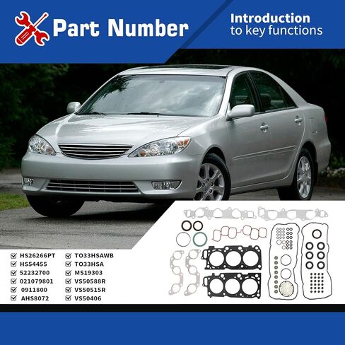 Head Gasket Set Compatible with Es330/ Rx330/ Camry/Sienna/Highlander 3.3L V6 DOHC 2004-2010 HS26266PT in Kuwait