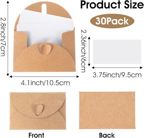 30Pcs Mini Envelopes with Blank Cards - 4.1x2.8 Inch Paper Gift Card Holders, Tiny Heart Clasp Envelopes for Wedding Party Favors, Business & Greeting Cards in Kuwait