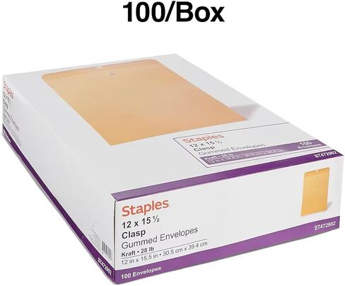 Staples 12 x 15.5 Clasp & Moistenable Glue Kraft Catalog Envelopes, Brown, Heavy‑Duty Mailing Envelopes for Documents, 100/Box in Kuwait