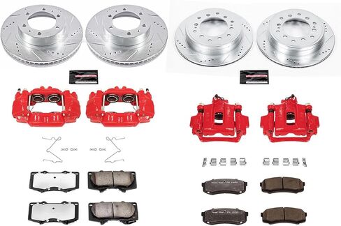 طقم الفرامل والفرجار الأمامي والخلفي PowerStop لسيارة Toyota FJ Cruiser 2010-14 - دوارات قرصية محفورة ومشقوقة + وسادات فرامل Z36 + فرجار مطلي بمسحوق أحمر، KC5805-36 in Kuwait