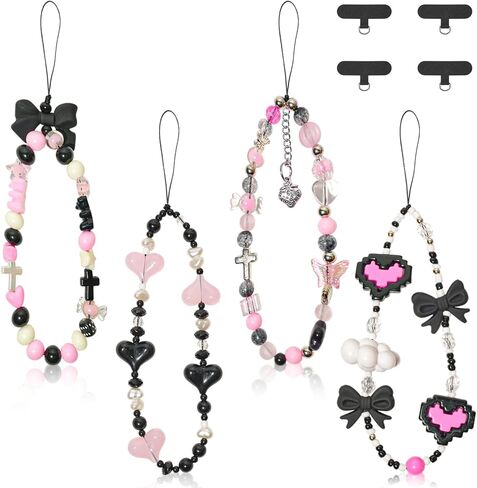4 Pcs Butterfly Bow Cute Knot Beaded Phone Charm Cute Phone Lanyard Wrist Strap Keychain Flower Lanyard Pearl Beaded Charm Wrist Strap for Women in Saudi Arabia