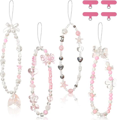 4 Pcs Butterfly Bow Cute Knot Beaded Phone Charm Cute Phone Lanyard Wrist Strap Keychain Flower Lanyard Pearl Beaded Charm Wrist Strap for Women in Saudi Arabia