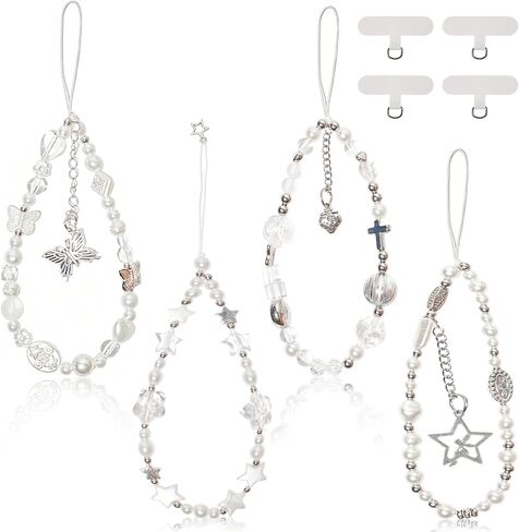 4 Pcs Butterfly Bow Cute Knot Beaded Phone Charm Cute Phone Lanyard Wrist Strap Keychain Flower Lanyard Pearl Beaded Charm Wrist Strap for Women in Saudi Arabia