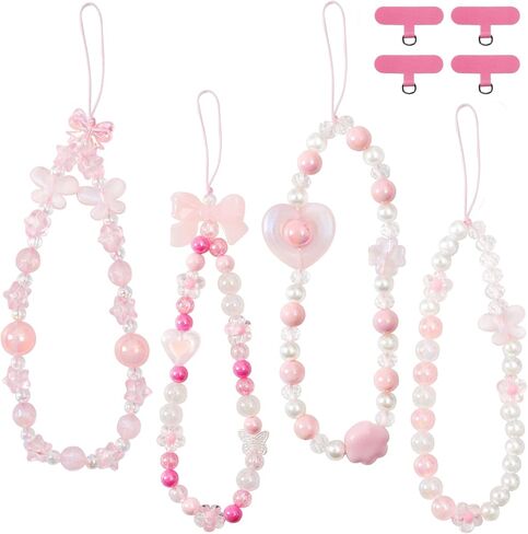 4 Pcs Butterfly Bow Cute Knot Beaded Phone Charm Cute Phone Lanyard Wrist Strap Keychain Flower Lanyard Pearl Beaded Charm Wrist Strap for Women in Saudi Arabia