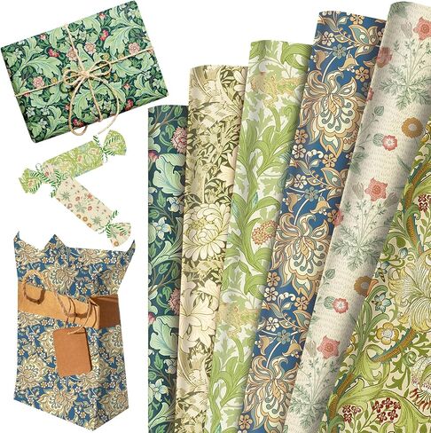 Thirty and Thirsty 12 Sheets William Morris Wrapping Paper Greenery Floral Gift Wrap Paper Sage Green DIY Crafts Tissue Papers Packaging William Morris Theme Birthday Party Supplies Favors in Saudi Arabia