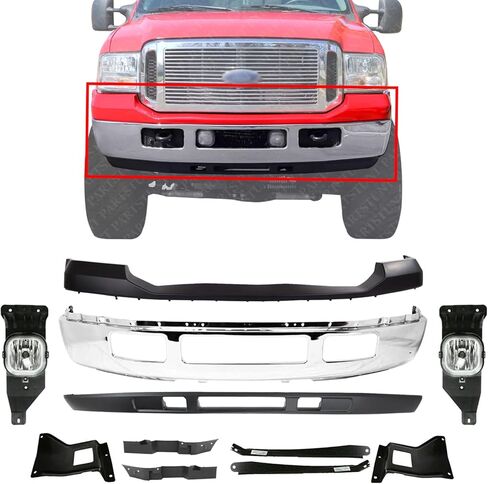 Front Bumper Chrome + Upper Cover Primed + Lower Valance Panel + Fillers + Fog Lights + Brackets & Outer Mounting Steel Right & Left Side Direct Replacement For 2005-2007 Ford F-250 F-350 in Saudi Arabia
