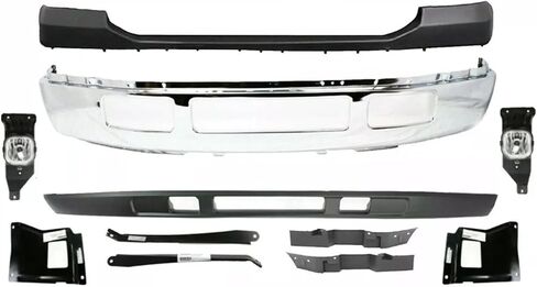 Front Bumper Chrome + Upper Cover Primed + Lower Valance Panel + Fillers + Fog Lights + Brackets & Outer Mounting Steel Right & Left Side Direct Replacement For 2005-2007 Ford F-250 F-350 in Saudi Arabia