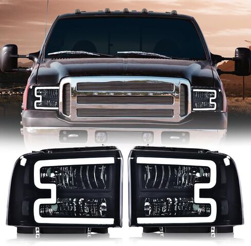 مجموعة المصابيح الأمامية PIT66 LED متوافقة مع 2005 2006 2007 Ford F250 F350 F450 Super Duty/ 2005 Excursion (غير مناسبة لطراز المصابيح الأمامية ذات الشعاع المختوم) عدسة دخانية للمصابيح الأمامية غطاء أسود عاكس شفاف in Kuwait