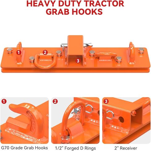 Universal Tractor Bucket Grab Hooks 2" Receiver, 3/8" Bolt On Grab Hooks with 1/2" Forged Tie Down D Rings for Tractor Buckets with Back Steel Plate(Orange) in Saudi Arabia