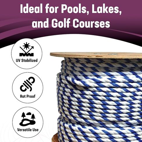 Kemp USA 600 ft Polypropylene Floating Marine Rope Spool 1/2 Inch 3-Strand UV Stabilized Rot-Resistant Rope for Pools, Lakes, Boats, Anchors & Lane Dividers Royal Blue White in Kuwait