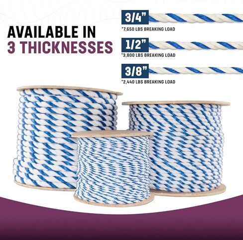 Kemp USA 600 ft Polypropylene Floating Marine Rope Spool 1/2 Inch 3-Strand UV Stabilized Rot-Resistant Rope for Pools, Lakes, Boats, Anchors & Lane Dividers Royal Blue White in Kuwait