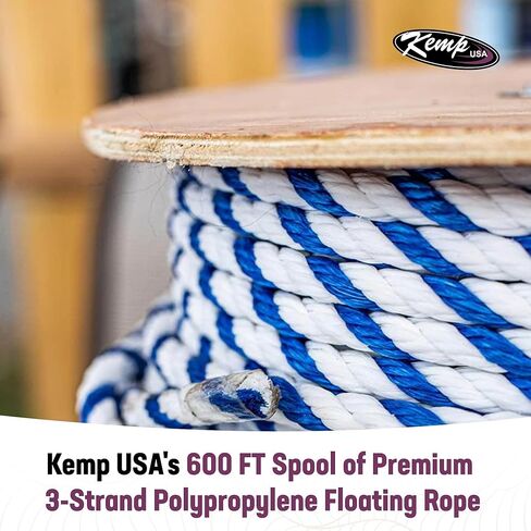 Kemp USA 600 ft Polypropylene Floating Marine Rope Spool 1/2 Inch 3-Strand UV Stabilized Rot-Resistant Rope for Pools, Lakes, Boats, Anchors & Lane Dividers Royal Blue White in Kuwait