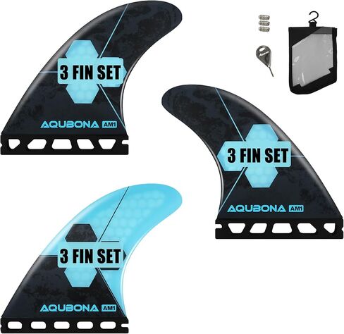 AQUBONA Honeycomb Fiberglass Performance Surfboard Fins Thruster (3 Fins) Single Tab with Fin Bag, Key and Screws. in Saudi Arabia