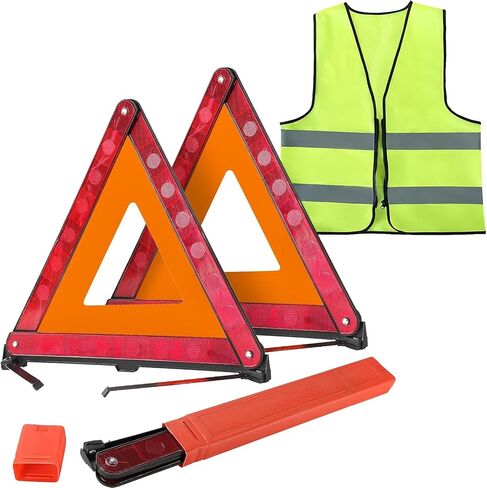DASBET 2 Pack Emergency Warning Triangles with 1 Pack Reflective Vest, Reflective Roadside Safety Triangles with Storage Case, Foldable Warning Triangle for Vehicles Breakdown in Kuwait