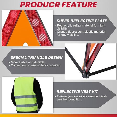 DASBET 2 Pack Emergency Warning Triangles with 1 Pack Reflective Vest, Reflective Roadside Safety Triangles with Storage Case, Foldable Warning Triangle for Vehicles Breakdown in Kuwait