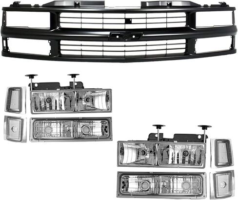 Front Black Grille & Clear Headlight Assembly with Bumper Lamps Compatible with 1994–1998 Chevrolet Silverado C/K 1500 2500 3500, Blazer, Tahoe SUV, Replace GM1200239, 15981092 in Saudi Arabia