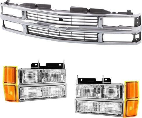Front Black Grille & Clear Headlight Assembly with Bumper Lamps Compatible with 1994–1998 Chevrolet Silverado C/K 1500 2500 3500, Blazer, Tahoe SUV, Replace GM1200239, 15981092 in Saudi Arabia