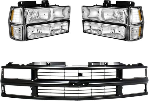 Front Black Grille & Clear Headlight Assembly with Bumper Lamps Compatible with 1994–1998 Chevrolet Silverado C/K 1500 2500 3500, Blazer, Tahoe SUV, Replace GM1200239, 15981092 in Saudi Arabia