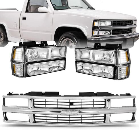 Front Black Grille & Clear Headlight Assembly with Bumper Lamps Compatible with 1994–1998 Chevrolet Silverado C/K 1500 2500 3500, Blazer, Tahoe SUV, Replace GM1200239, 15981092 in Saudi Arabia