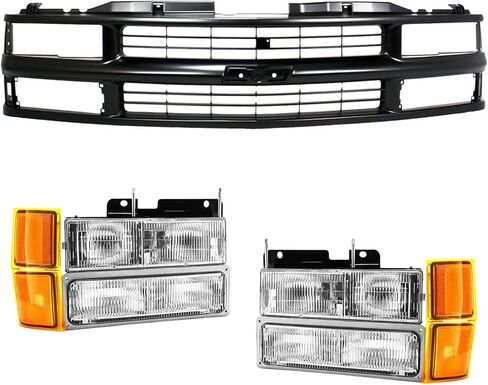 Front Black Grille & Clear Headlight Assembly with Bumper Lamps Compatible with 1994–1998 Chevrolet Silverado C/K 1500 2500 3500, Blazer, Tahoe SUV, Replace GM1200239, 15981092 in Saudi Arabia