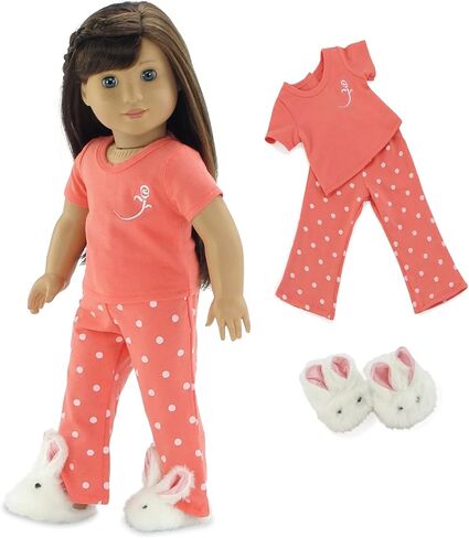 Emily Rose 18 Inch Doll Clothes Coral Polka Dot Pajamas PJs Gift Set, with Bunny Slippers! | Gift Boxed! | USA Brand | Compatible with American Girl Dolls - Doll NOT Included in Kuwait
