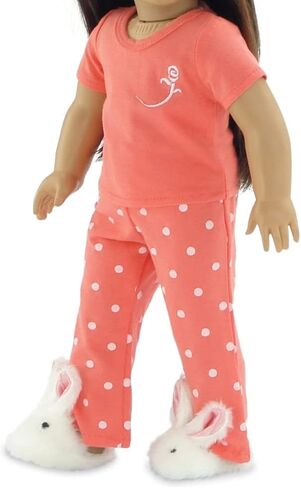 Emily Rose 18 Inch Doll Clothes Coral Polka Dot Pajamas PJs Gift Set, with Bunny Slippers! | Gift Boxed! | USA Brand | Compatible with American Girl Dolls - Doll NOT Included in Kuwait