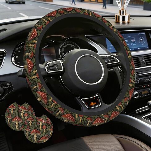 Vintage Mushroom Steering Wheel Cover with 2 Car Coasters,Berry with Leaves Anti-Slip Steering Wheel Cover,Elastic Breathable Car Interior Accessories,Universal 14.5"-15" Fit Auto,SUVs in Saudi Arabia