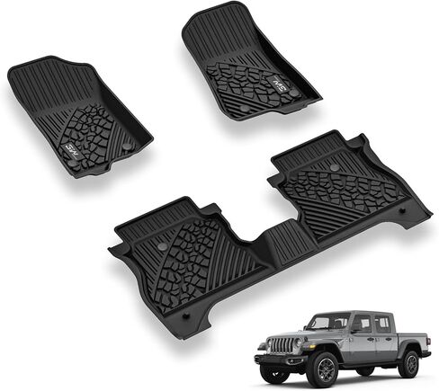 3W Floor Mats Compatible for Jeep Gladiator 2020-2024, TPE All Weather Custom Fit Floor Liner for Jeep Gladiator,1st & 2nd Row Full Set Car Liners with Grey Logo, Black in Saudi Arabia