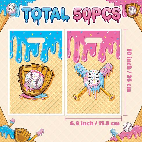 50Pcs Ice Cream Drip Baseball Party Favor Bags, Sweet Ice Cream Plastic Candy Goodie Treat Gift Bag with Handle Sport Theme Rookie of The Year First Birthday Party Supplies Baby Shower Decor in Saudi Arabia
