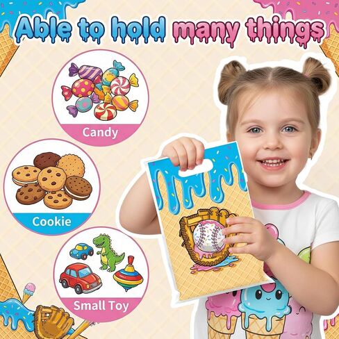 50Pcs Ice Cream Drip Baseball Party Favor Bags, Sweet Ice Cream Plastic Candy Goodie Treat Gift Bag with Handle Sport Theme Rookie of The Year First Birthday Party Supplies Baby Shower Decor in Saudi Arabia