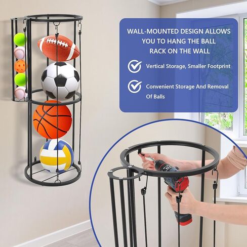 Column Vertical Ball Rack 38.4X12.8 inch Wall Mounted Garage Storage Rack for Basketball, Volleyball, Football, and Rugby, Suitable for Fitness Centers, Indoor Rooms, and Sports Ball Organizers in Saudi Arabia