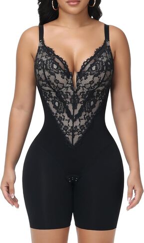 Lace Shapewear Bodysuit for Women Faja Body Shaper Tummy Control V Neck Body Suit Shorts Low Back Butt Lifter in Saudi Arabia